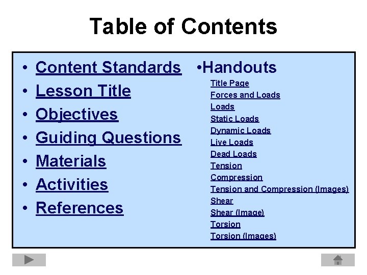 Table of Contents • • Content Standards • Handouts Title Page Lesson Title Forces