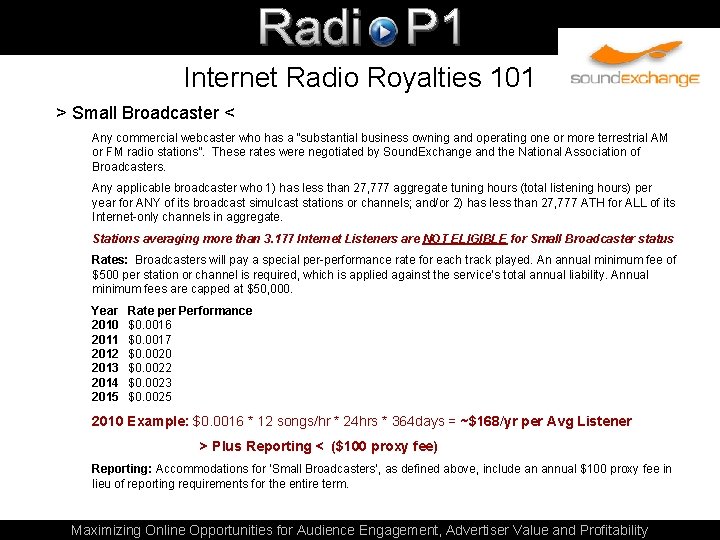 Internet Radio Royalties 101 > Small Broadcaster < Any commercial webcaster who has a