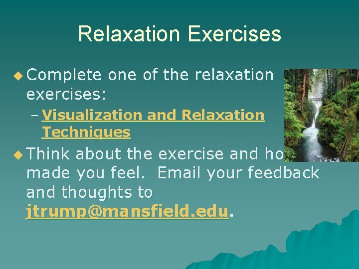 Relaxation Exercises u Complete one of the relaxation exercises: – Visualization and Relaxation Techniques