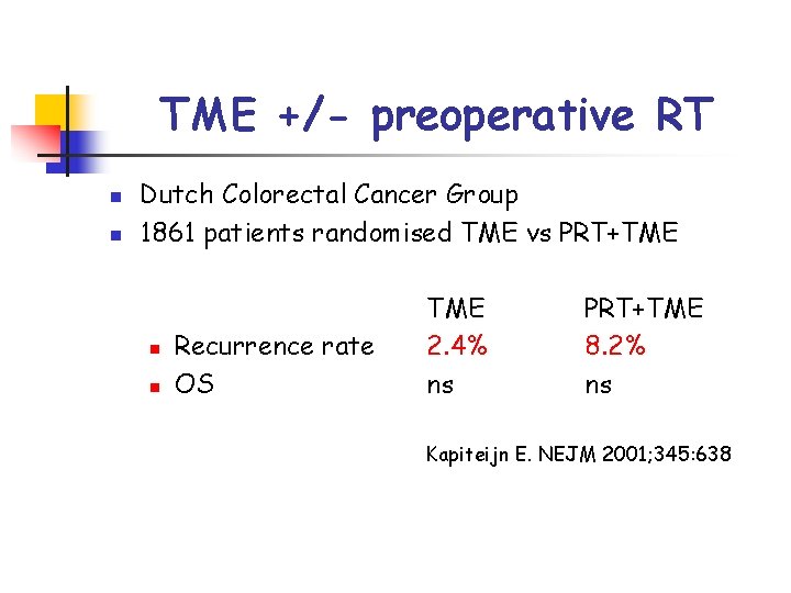 TME +/- preoperative RT n n Dutch Colorectal Cancer Group 1861 patients randomised TME