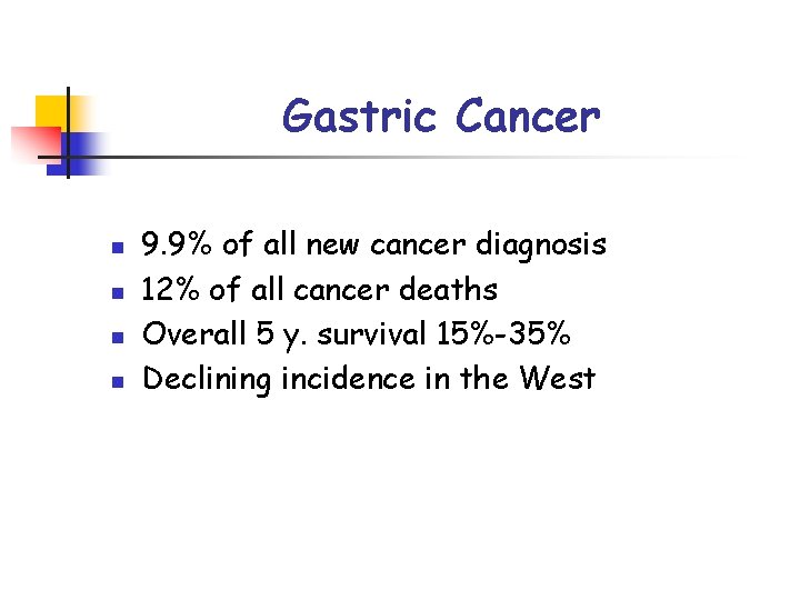 Gastric Cancer n n 9. 9% of all new cancer diagnosis 12% of all