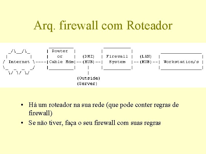 Arq. firewall com Roteador • Há um roteador na sua rede (que pode conter