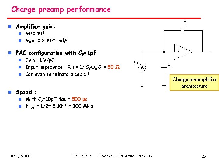 Charge preamp performance n Amplifier gain: G 0 = 104 n G 0ω0 =