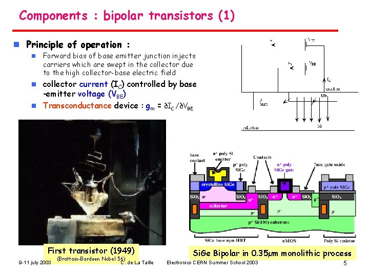 Components : bipolar transistors (1) n Principle of operation : n Forward bias of