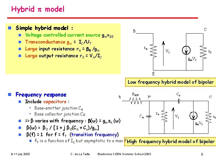 Hybrid p model n Simple hybrid model : Voltage controlled current source gmv. BE