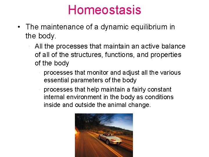 Homeostasis • The maintenance of a dynamic equilibrium in the body. • All the