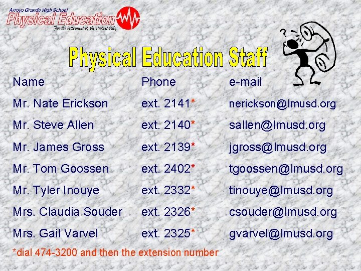 Name Phone e-mail Mr. Nate Erickson ext. 2141* nerickson@lmusd. org Mr. Steve Allen ext.