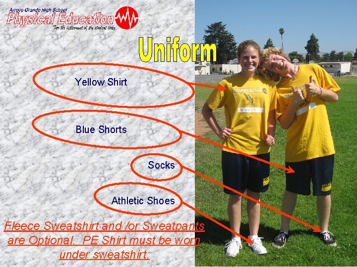 Yellow Shirt Blue Shorts Socks Athletic Shoes Fleece Sweatshirt and /or Sweatpants are Optional.