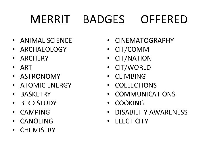 MERRIT BADGES • • • ANIMAL SCIENCE ARCHAEOLOGY ARCHERY ART ASTRONOMY ATOMIC ENERGY BASKETRY