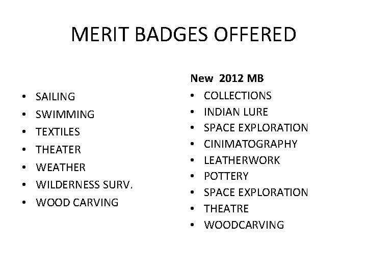 MERIT BADGES OFFERED • • SAILING SWIMMING TEXTILES THEATER WEATHER WILDERNESS SURV. WOOD CARVING