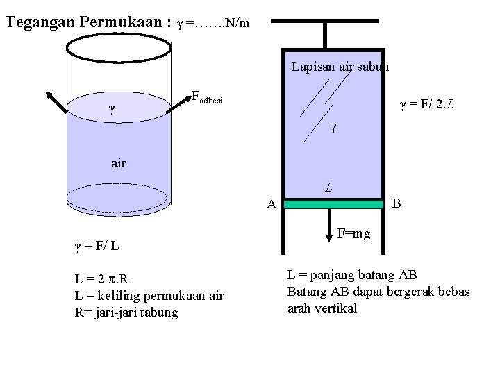 Tegangan Permukaan : γ =……. N/m Lapisan air sabun γ Fadhesi γ = F/ Tegangan Permukaan : γ =……. N/m Lapisan air sabun γ Fadhesi γ = F/