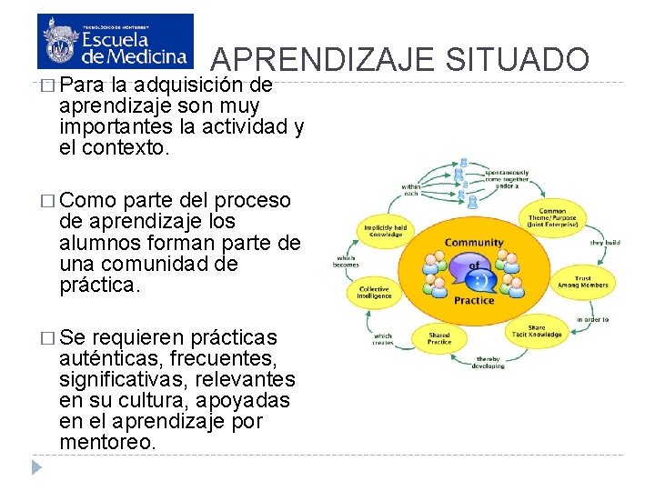 � Para APRENDIZAJE SITUADO la adquisición de aprendizaje son muy importantes la actividad y