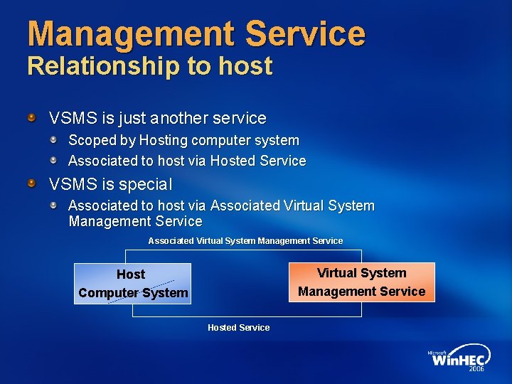 Management Service Relationship to host VSMS is just another service Scoped by Hosting computer