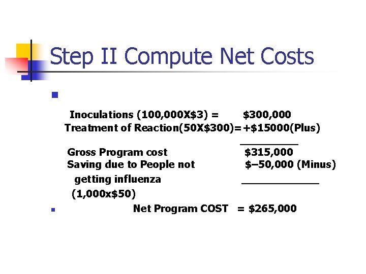 Step II Compute Net Costs n n Inoculations (100, 000 X$3) = $300, 000 Step II Compute Net Costs n n Inoculations (100, 000 X$3) = $300, 000