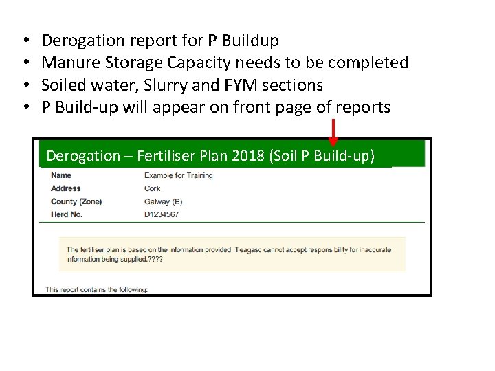  • • Derogation report for P Buildup Manure Storage Capacity needs to be