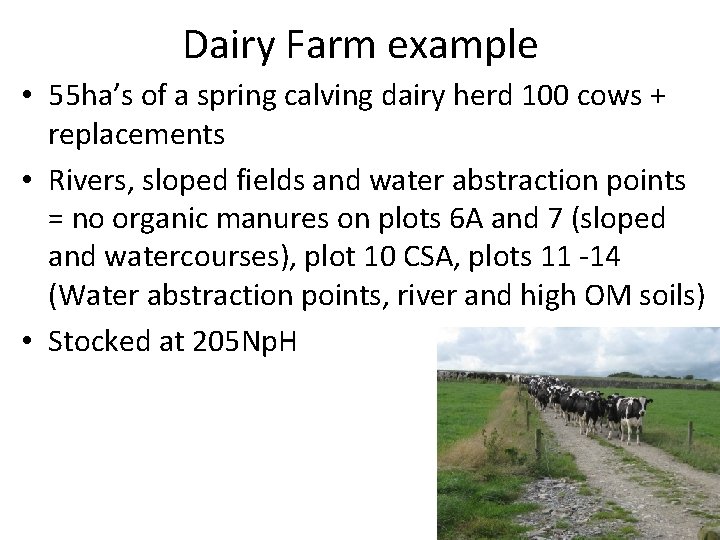 Dairy Farm example • 55 ha’s of a spring calving dairy herd 100 cows