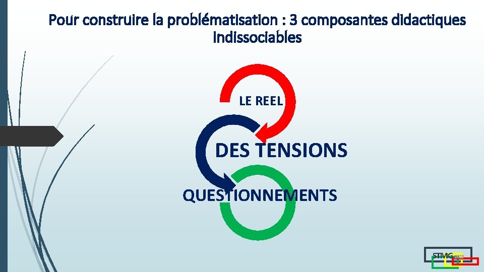 Pour construire la problématisation : 3 composantes didactiques indissociables LE REEL DES TENSIONS QUESTIONNEMENTS Pour construire la problématisation : 3 composantes didactiques indissociables LE REEL DES TENSIONS QUESTIONNEMENTS