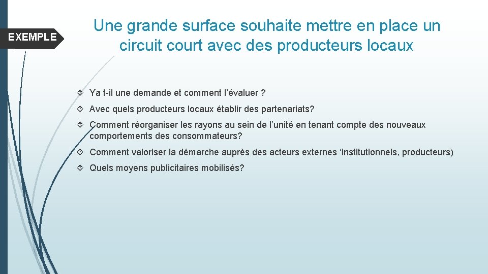 EXEMPLE Une grande surface souhaite mettre en place un circuit court avec des producteurs EXEMPLE Une grande surface souhaite mettre en place un circuit court avec des producteurs