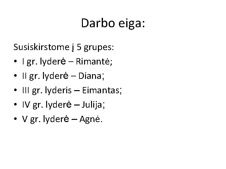 Darbo eiga: Susiskirstome į 5 grupes: • I gr. lyderė – Rimantė; • II