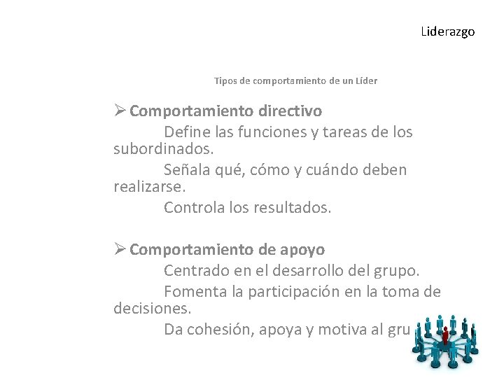 Liderazgo Tipos de comportamiento de un Líder Ø Comportamiento directivo Define las funciones y