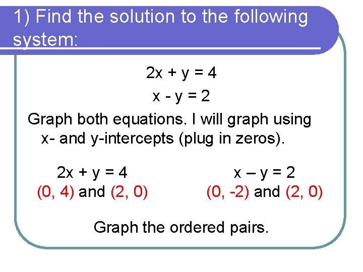 1) Find the solution to the following system: 2 x + y = 4
