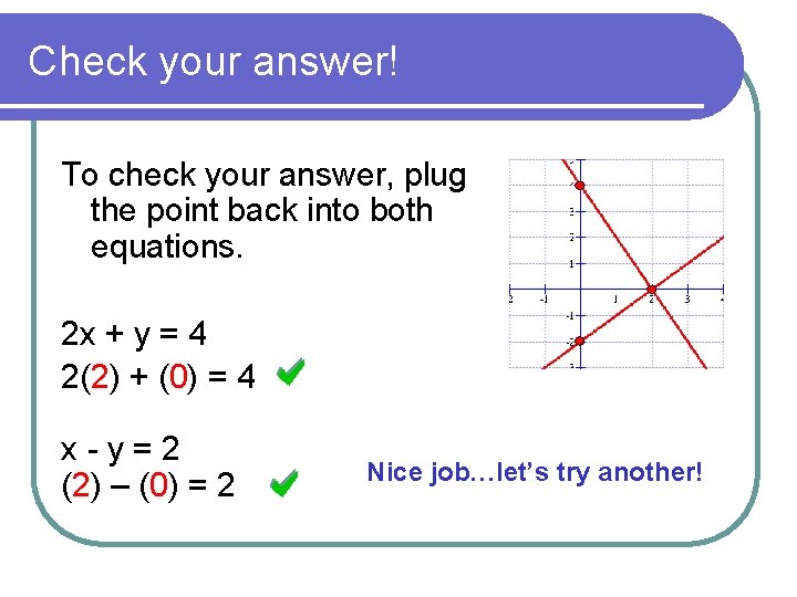 Check your answer! To check your answer, plug the point back into both equations.