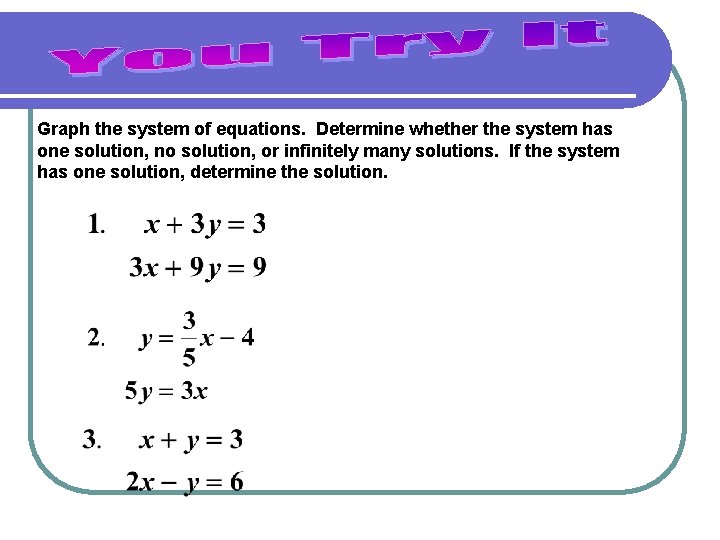 Graph the system of equations. Determine whether the system has one solution, no solution,