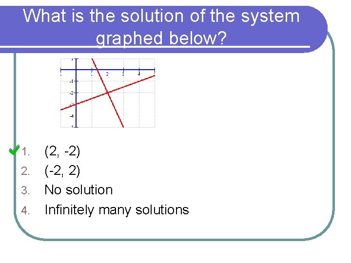 What is the solution of the system graphed below? 1. 2. 3. 4. (2,