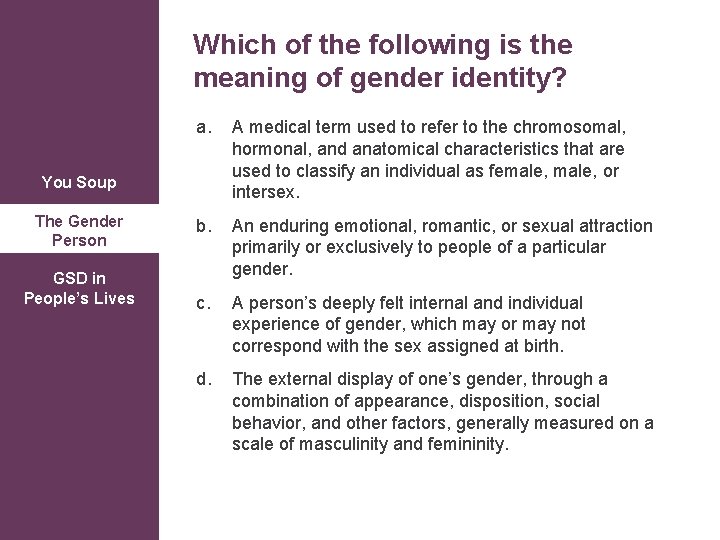 Which of the following is the meaning of gender identity? a. A medical term