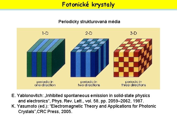 Fotonické krystaly Periodicky strukturovaná média E. Yablonovitch: „Inhibited spontaneous emission in solid-state physics and