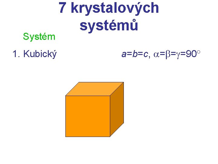 Systém 1. Kubický 7 krystalových systémů a=b=c, = = =90 