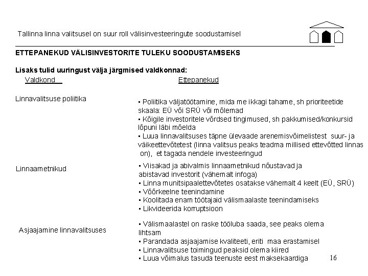 Tallinna valitsusel on suur roll välisinvesteeringute soodustamisel ETTEPANEKUD VÄLISINVESTORITE TULEKU SOODUSTAMISEKS Lisaks tulid uuringust