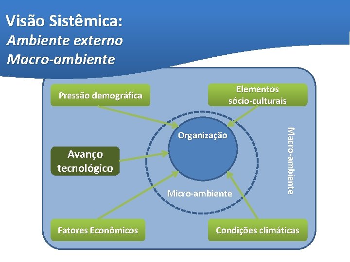 Visão Sistêmica: Ambiente externo Macro-ambiente Elementos sócio-culturais Pressão demográfica Avanço tecnológico Micro-ambiente Fatores Econômicos