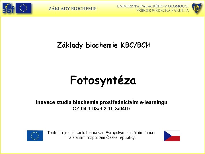 Základy biochemie KBC/BCH Fotosyntéza Inovace studia biochemie prostřednictvím e-learningu CZ. 04. 1. 03/3. 2.