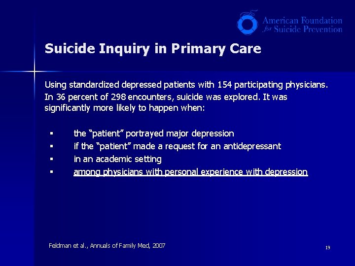 Suicide Inquiry in Primary Care Using standardized depressed patients with 154 participating physicians. In Suicide Inquiry in Primary Care Using standardized depressed patients with 154 participating physicians. In