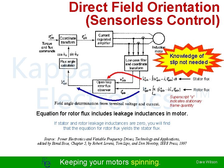 Direct Field Orientation (Sensorless Control) Kappa Electronics Knowledge of slip not needed Stator flux