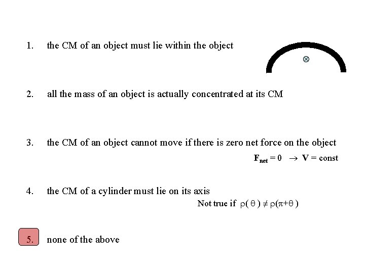 1. the CM of an object must lie within the object 2. all the