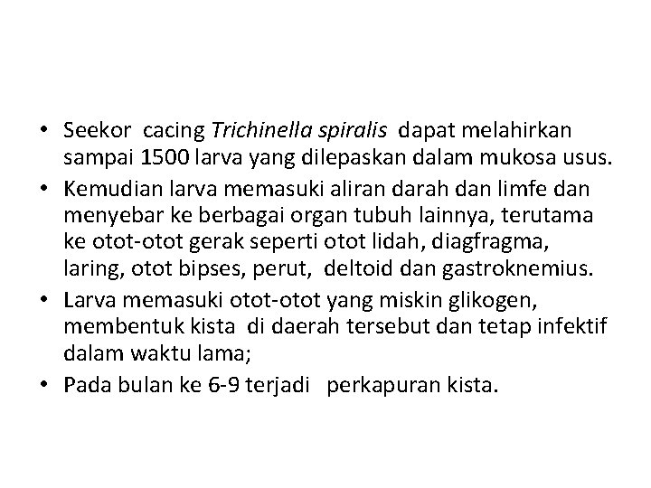  • Seekor cacing Trichinella spiralis dapat melahirkan sampai 1500 larva yang dilepaskan dalam