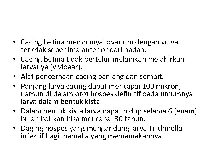  • Cacing betina mempunyai ovarium dengan vulva terletak seperlima anterior dari badan. •