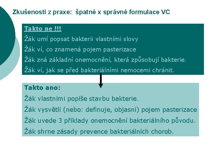 Zkušenosti z praxe: špatné x správné formulace VC Takto ne !!! Žák umí popsat