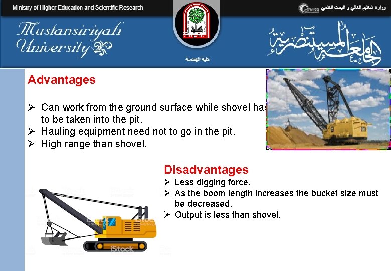 Advantages Ø Can work from the ground surface while shovel has to be taken