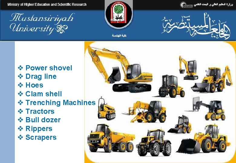 v Power shovel v Drag line v Hoes v Clam shell v Trenching Machines