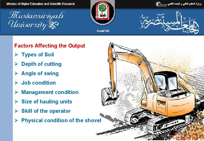 Factors Affecting the Output Ø Types of Soil Ø Depth of cutting Ø Angle