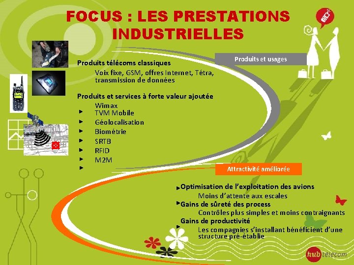 FOCUS : LES PRESTATIONS INDUSTRIELLES Produits télécoms classiques Voix fixe, GSM, offres Internet, Tétra,