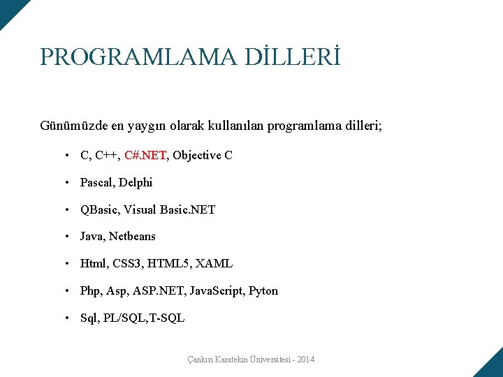 PROGRAMLAMA DİLLERİ Günümüzde en yaygın olarak kullanılan programlama dilleri; • C, C++, C#. NET,