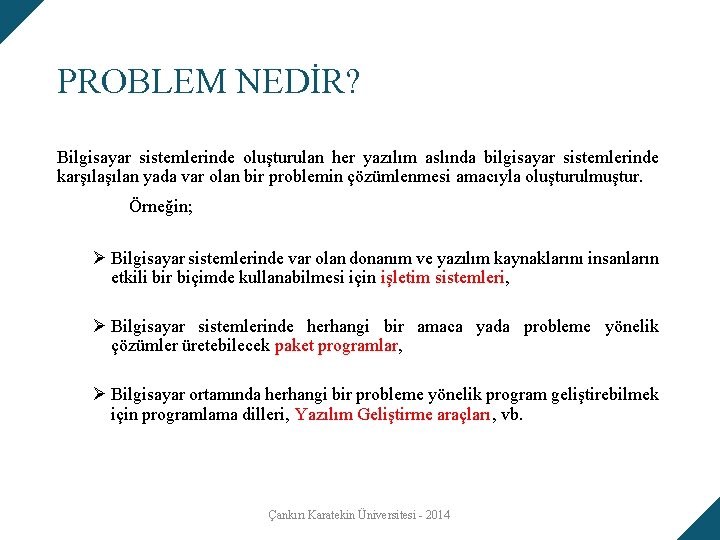 PROBLEM NEDİR? Bilgisayar sistemlerinde oluşturulan her yazılım aslında bilgisayar sistemlerinde karşılan yada var olan