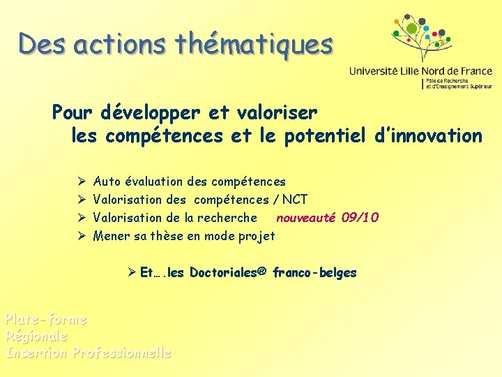 Des actions thématiques Pour développer et valoriser les compétences et le potentiel d’innovation Ø