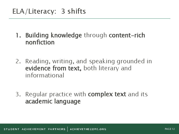 ELA/Literacy: 3 shifts 1. Building knowledge through content-rich nonfiction 2. Reading, writing, and speaking ELA/Literacy: 3 shifts 1. Building knowledge through content-rich nonfiction 2. Reading, writing, and speaking