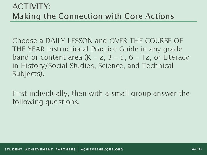 ACTIVITY: Making the Connection with Core Actions Choose a DAILY LESSON and OVER THE ACTIVITY: Making the Connection with Core Actions Choose a DAILY LESSON and OVER THE