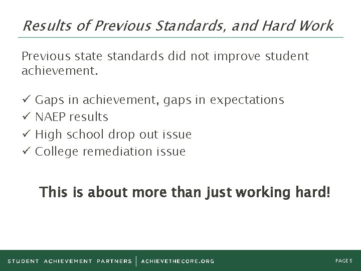 Results of Previous Standards, and Hard Work Previous state standards did not improve student Results of Previous Standards, and Hard Work Previous state standards did not improve student